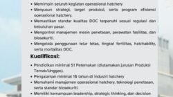 INFO LOKER: PT Wonokoyo Jaya Corporindo (Wonokoyo Grup) Butuh General Manager Hatchery, Penempatan di Jawa Timur